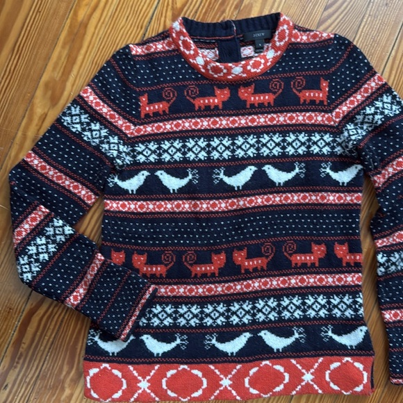 J. Crew navy blue and orange sweater with bird and cat winter pattern, small. - Picture 3 of 6